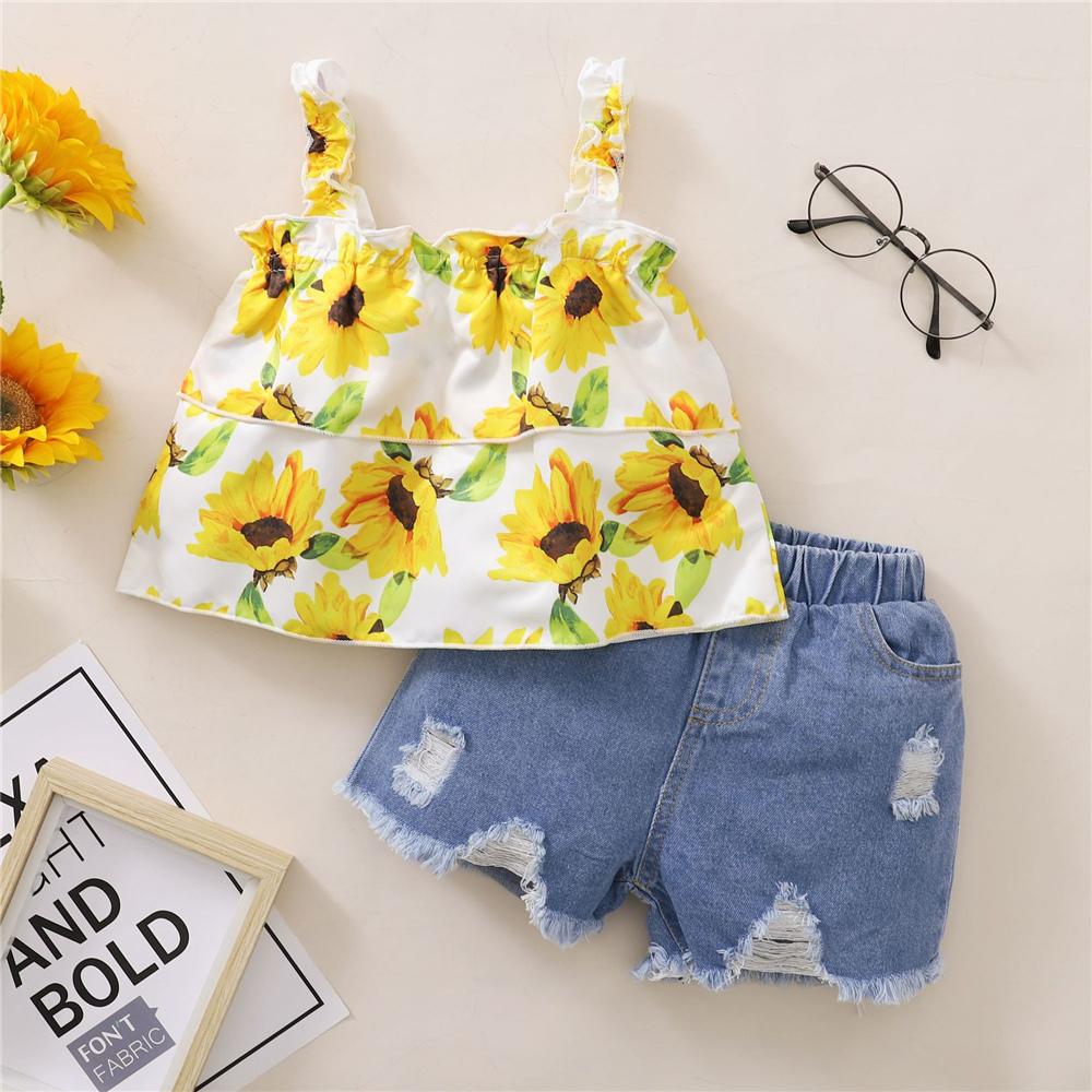 Girls Floral Printed Sling Top & Denim Shorts trendy kids wholesale clothing