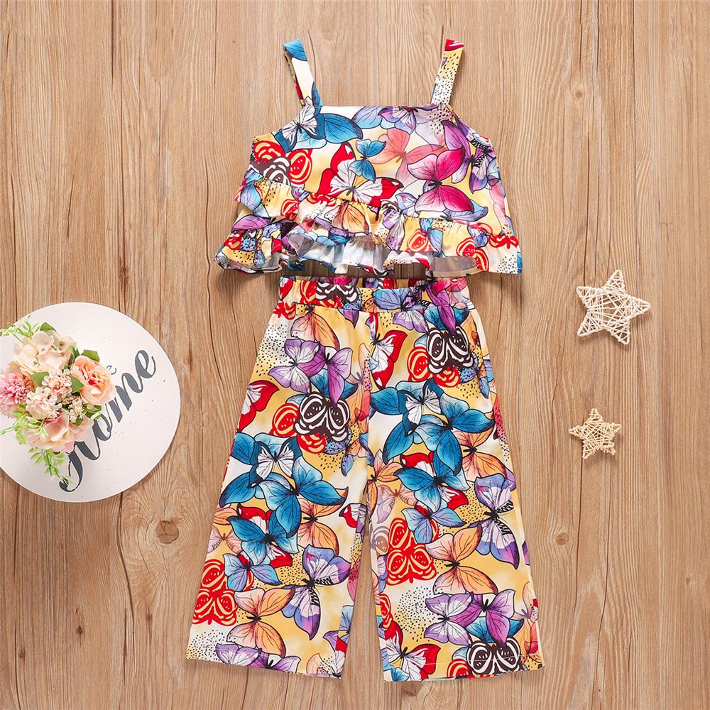 Girls Floral Printed Sling Top & Wig Leg Pants kids clothing wholesale