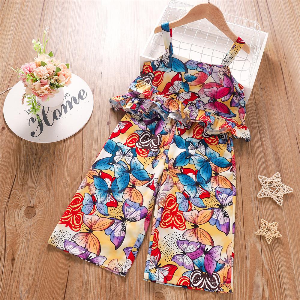 Girls Floral Printed Sling Top & Wig Leg Pants kids clothing wholesale