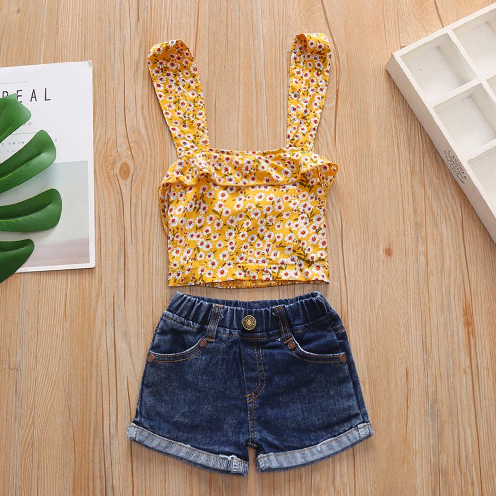 Girls Floral Printed Sling Tube Top & Denim Shorts Bulk Baby Girl Clothes