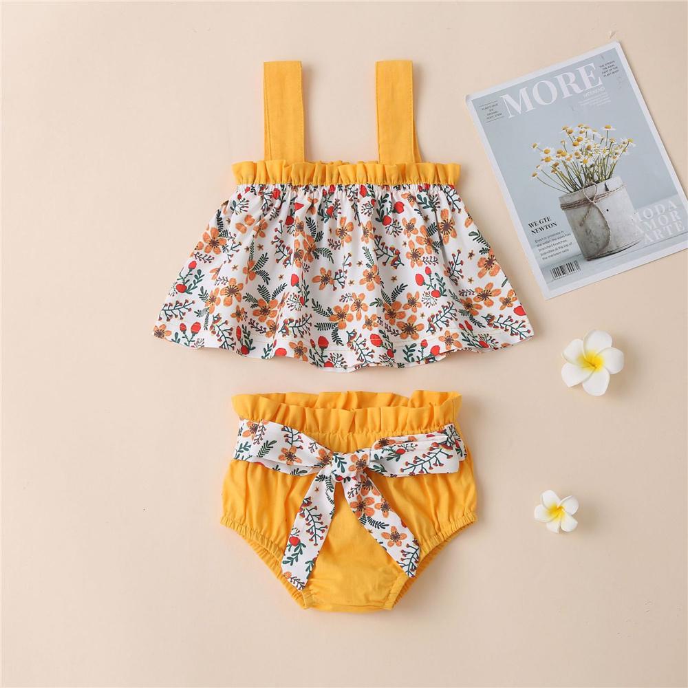 Baby Girls Floral Printed Suspender Top & Shorts cheap baby clothes wholesale