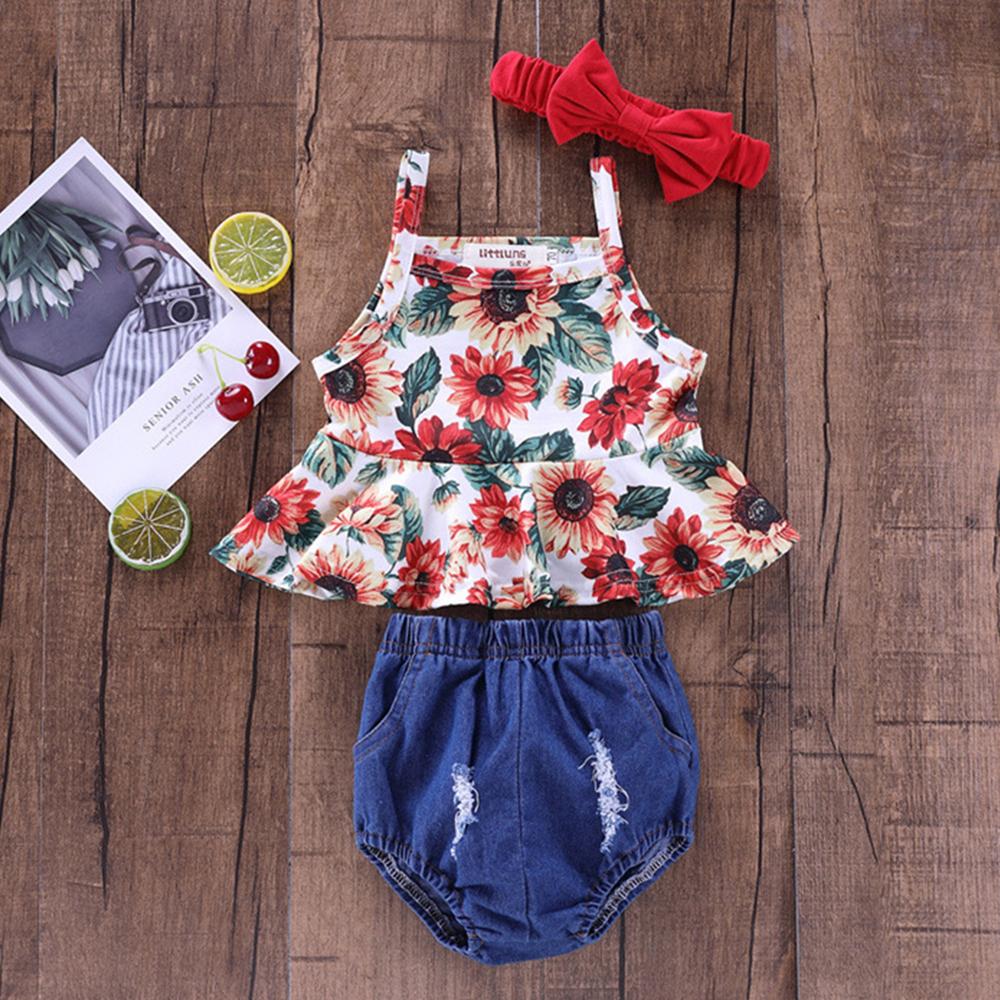Baby Girls Floral Printed Tank Top & Ripped Denim Shorts & Headband Wholesale Baby Clothes