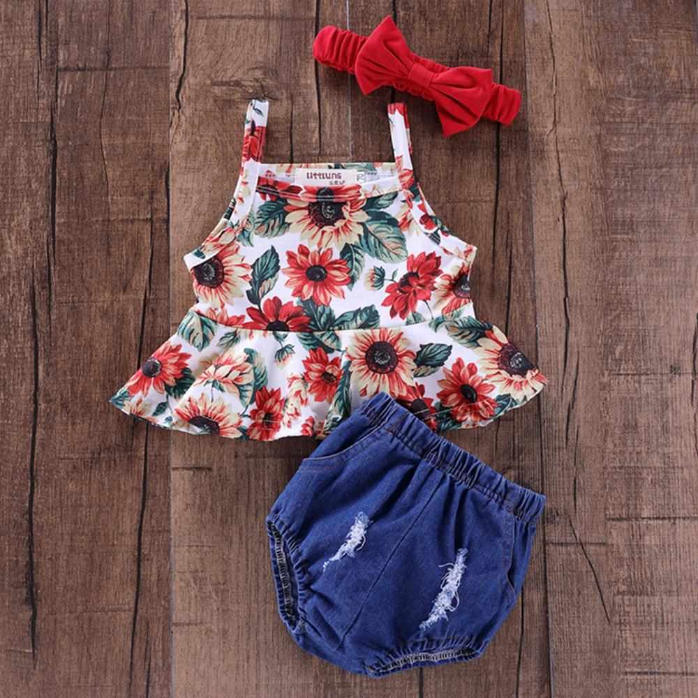 Baby Girls Floral Printed Tank Top & Ripped Denim Shorts & Headband Wholesale Baby Clothes