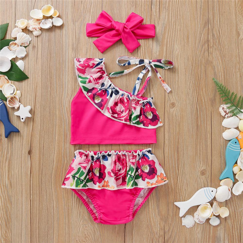 Girls Floral Printed Top & Shorts & Headband Toddler 2 Piece Swimsuit