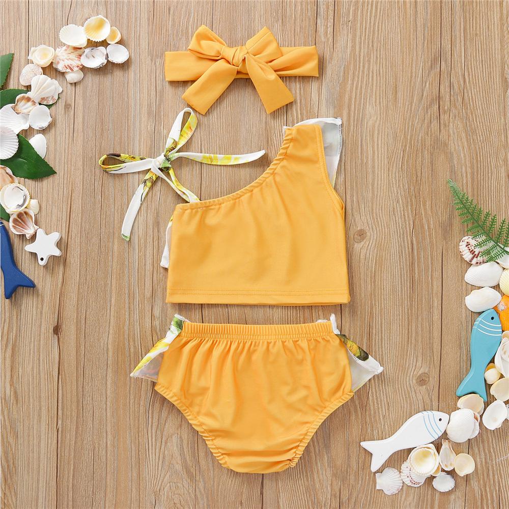 Girls Floral Printed Top & Shorts & Headband Toddler 2 Piece Swimsuit