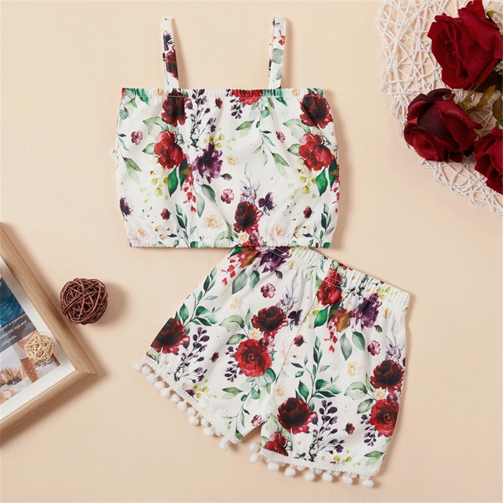Girls Floral Printed Tube Sling Top & Tassel Shorts wholesale girls clothes