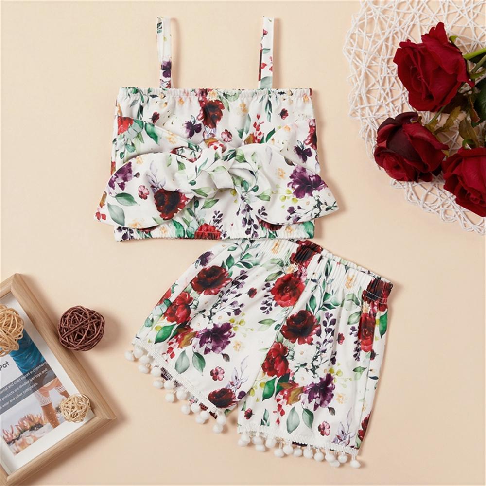 Girls Floral Printed Tube Sling Top & Tassel Shorts wholesale girls clothes