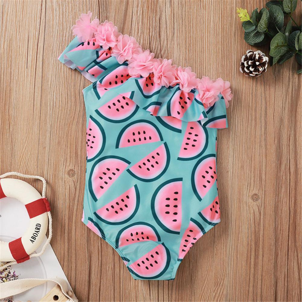 Girls Flower Fruit Printed Oblique Shoulder Swimwear Wholesale Plus Size Swim Wear