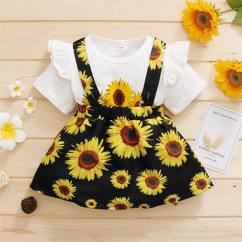 Girls Flower Letter Printed Top & Suspender Skirt childrens wholesale clothing