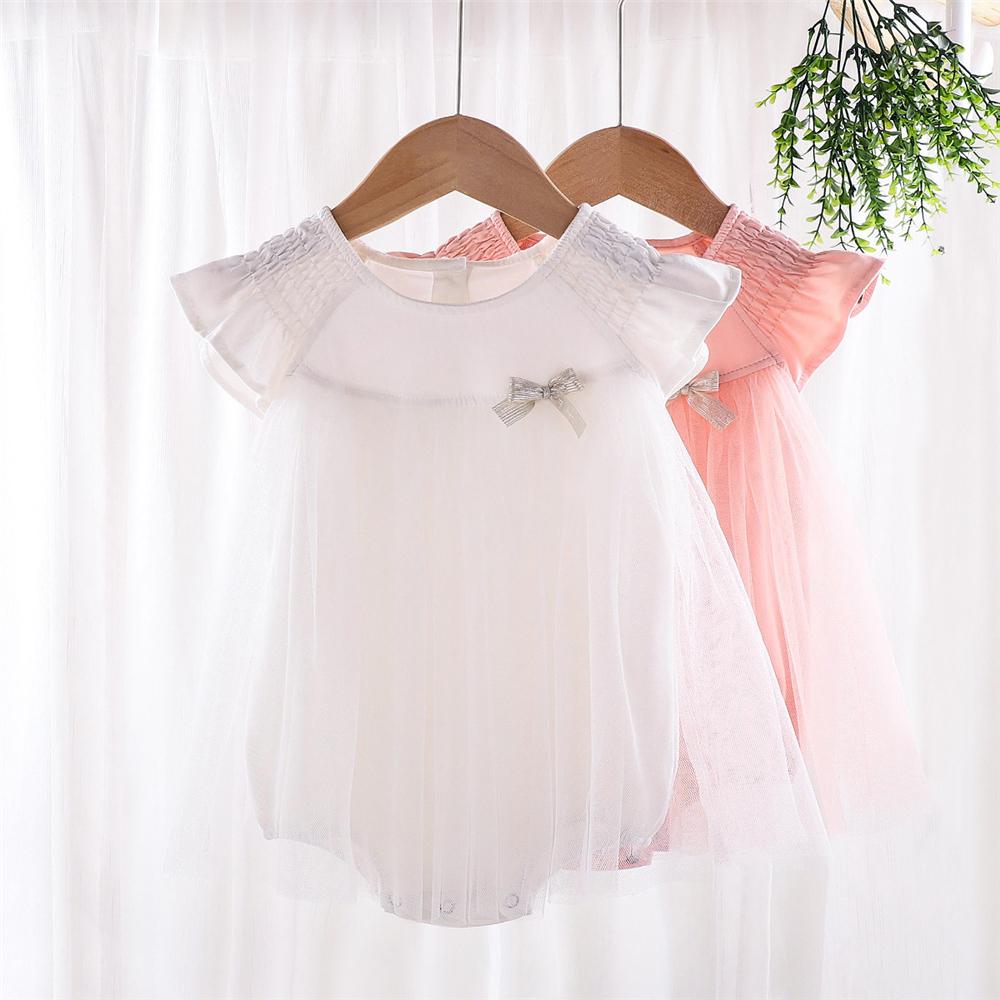 Baby Girls Flutter-Sleeve Solid Color Bow Decor Summer Tulle Romper Wholesale Baby Clothes Usa