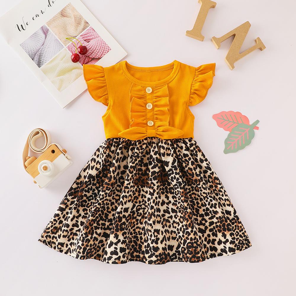 Girls Flutter-sleeve Button Leopard Splicing Princess Dress kids clothing vendors