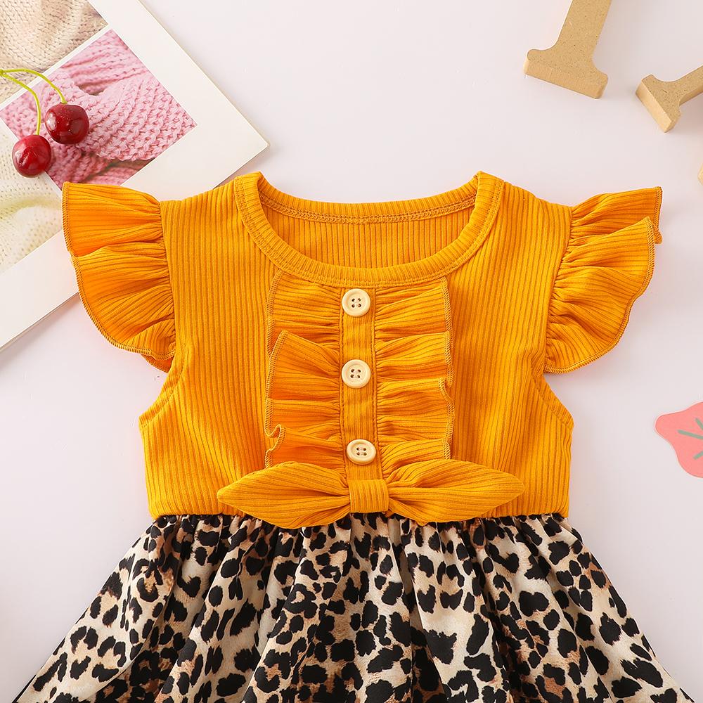 Girls Flutter-sleeve Button Leopard Splicing Princess Dress kids clothing vendors