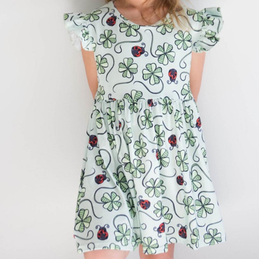 Girls Flutter-sleeve Clover Printed Princess Dresses wholesale childrens clothing