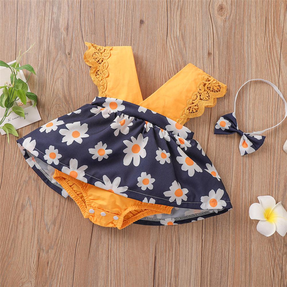 Baby Girls Flutter-sleeve Daisy Printed Romper & Headband cheap baby girl clothes boutique