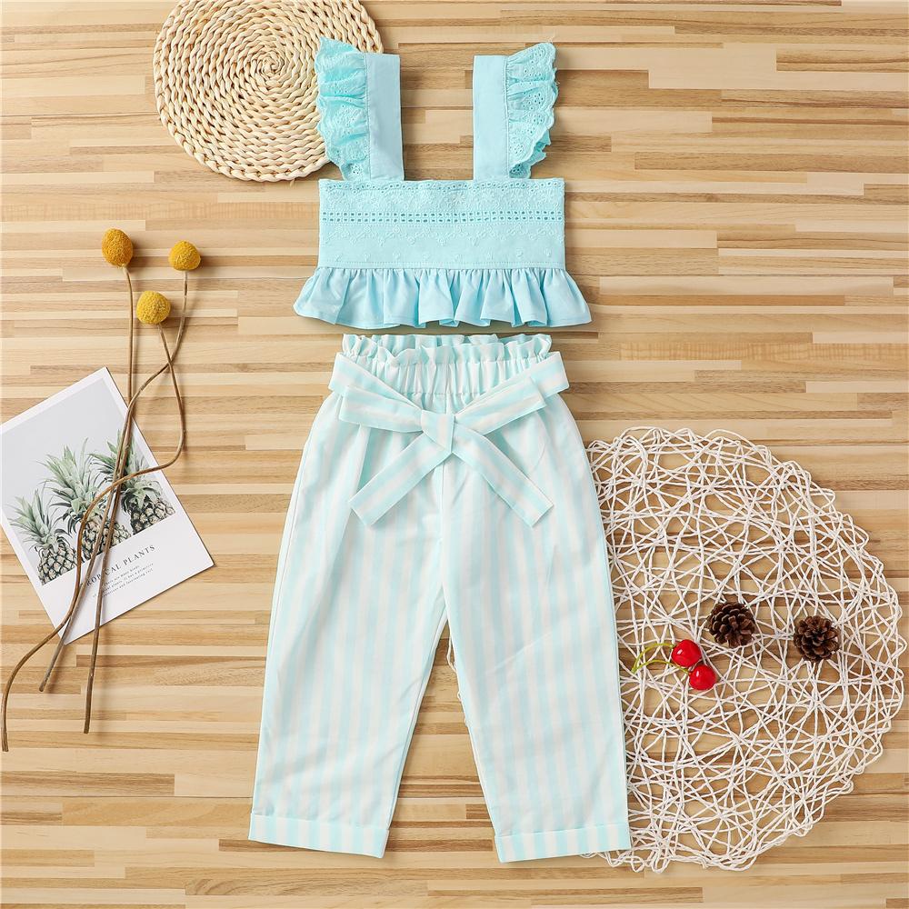 Girls Flutter-sleeve Solid Color Tube Top & Striped Pants wholesale children's boutique clothing suppliers usa