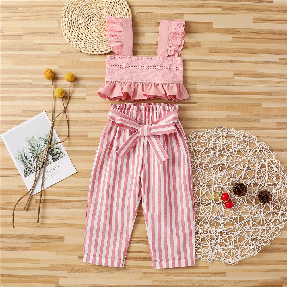 Girls Flutter-sleeve Solid Color Tube Top & Striped Pants wholesale children's boutique clothing suppliers usa