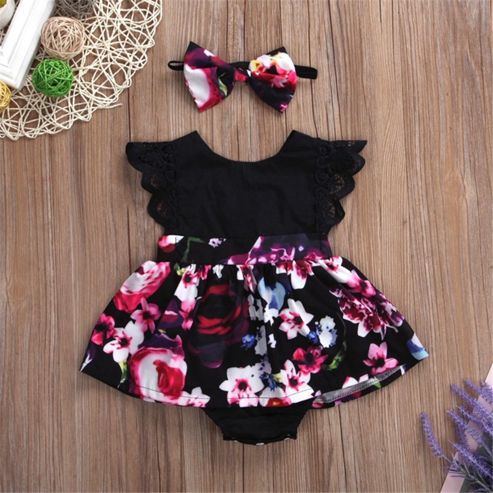 Baby Girls Flutter Sleeve Floral Printed Splicing Romper & Headband baby clothes wholesale distributors
