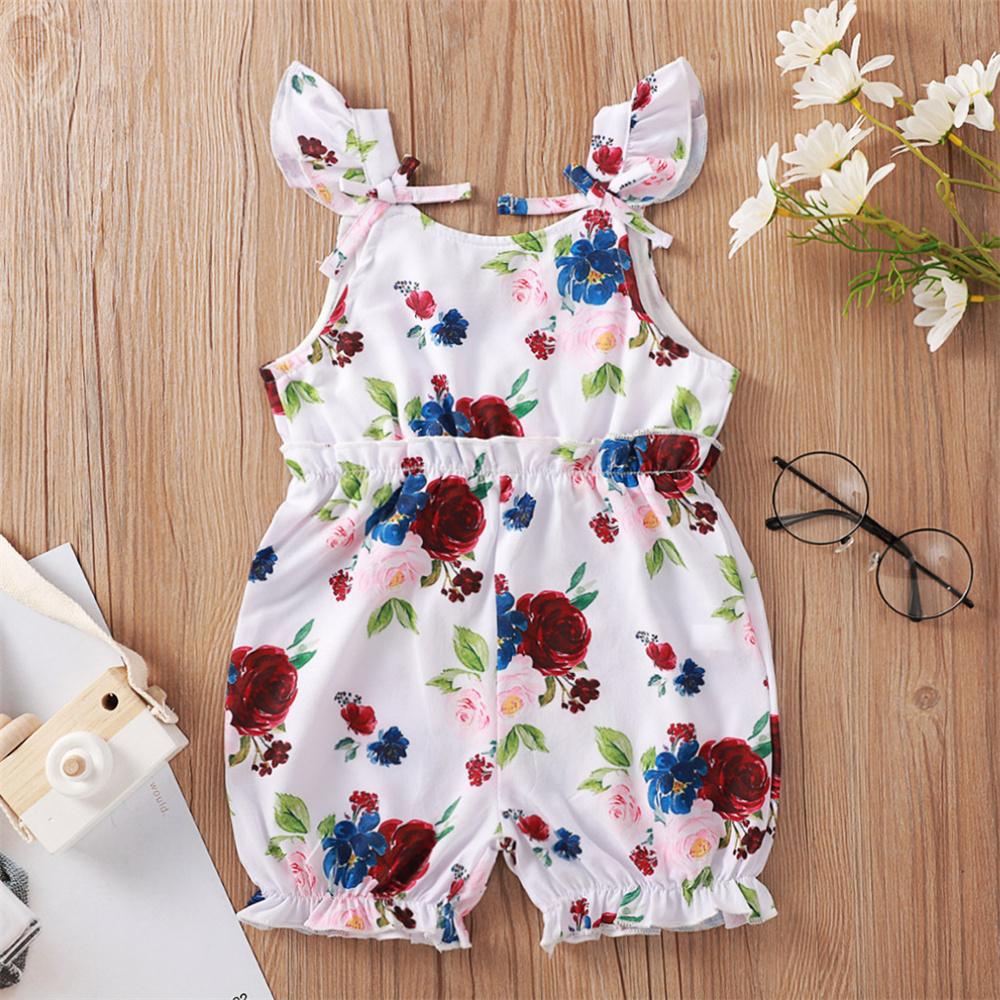 Baby Girls Fluttter-sleeve Floral Plaid Printed Romper Cheap Boutique Baby Clothing