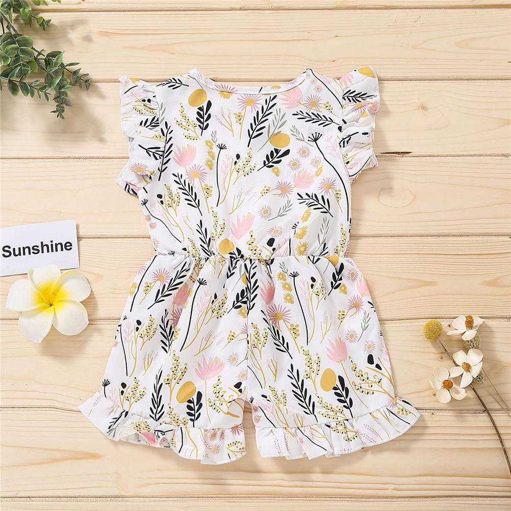 Baby Girls Fly Sleeve Floral Printed Button Belt Jumpsuit wholesale kids clothing suppliers