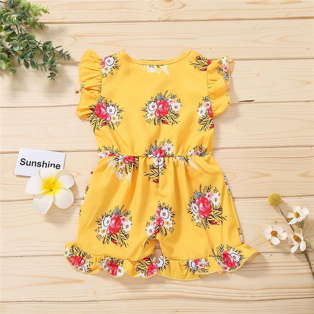 Baby Girls Fly Sleeve Floral Printed Button Belt Jumpsuit wholesale kids clothing suppliers