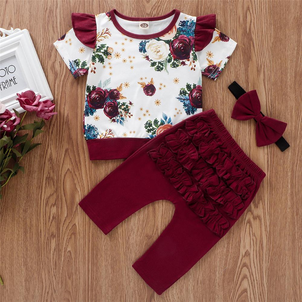 Baby Girls Flying Short Sleeve Floral Printed Top & Red Pants & Headband bulk baby clothes