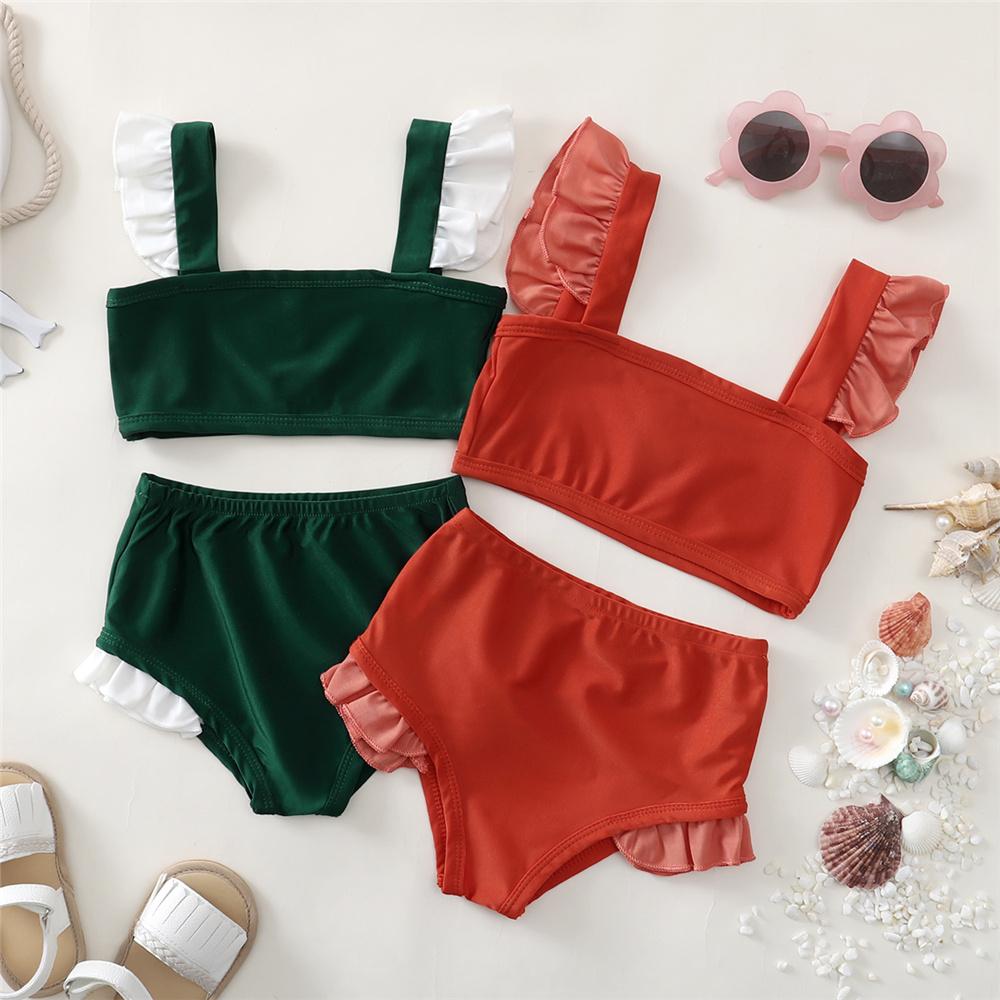 Girls Flying Sleeve Beachwear Top & Shorts 2 Piece Swimsuit With Shorts