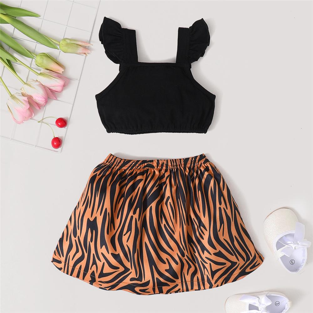 Girls Flying Sleeve Black Top & Leopard Skirt kids clothes wholesale