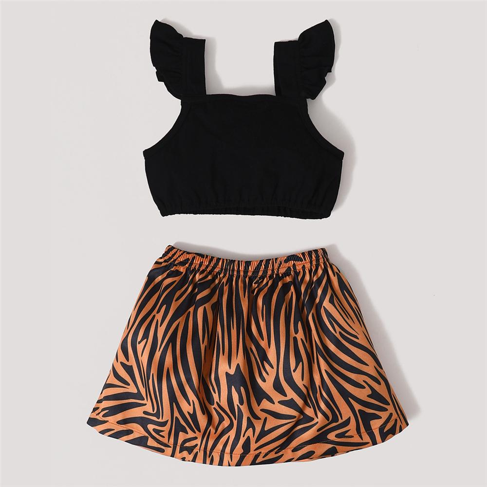 Girls Flying Sleeve Black Top & Leopard Skirt kids clothes wholesale