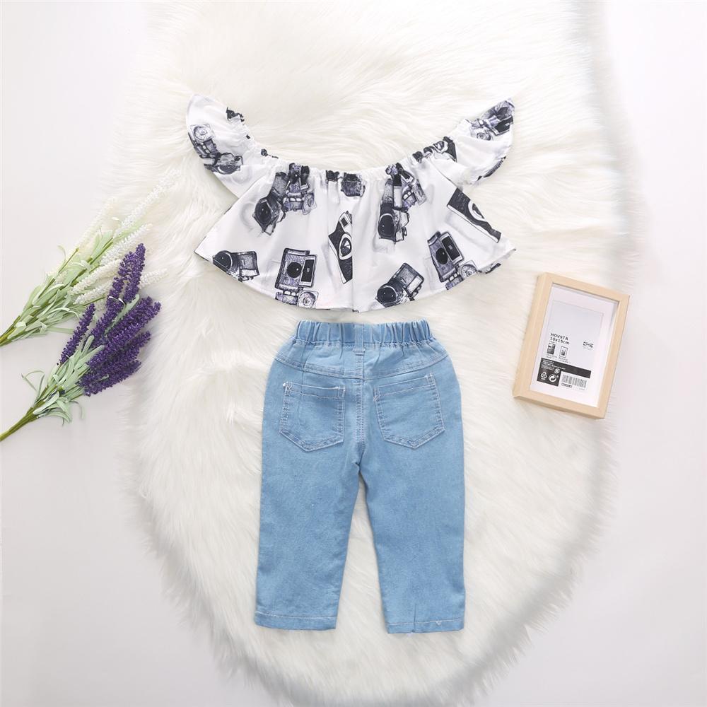 Girls Flying Sleeve Cartoon Printed Off Shoulder Top & Jeans Wholesale Clothing For Girls