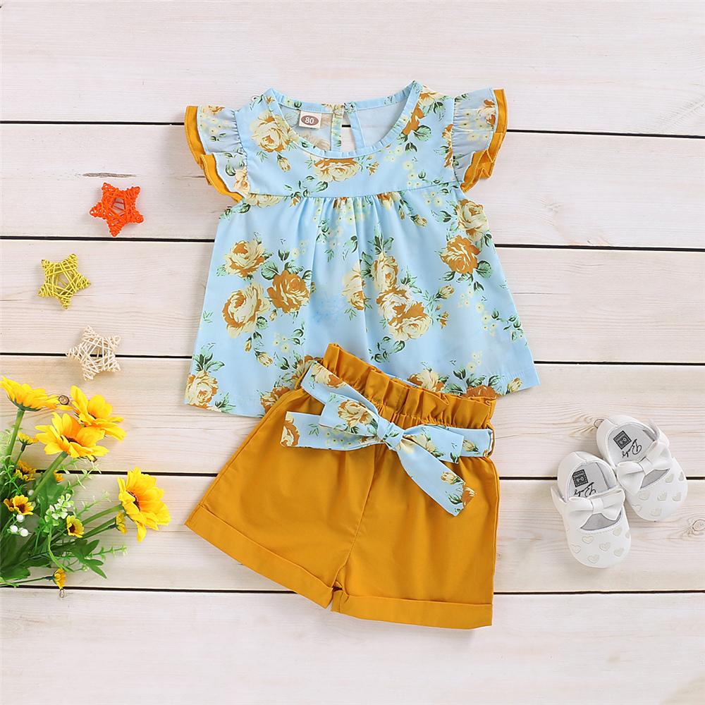 Girls Flying Sleeve Floral Printed Top & Shorts trendy kids wholesale clothing