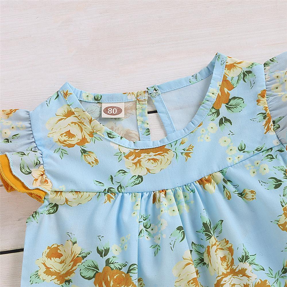 Girls Flying Sleeve Floral Printed Top & Shorts trendy kids wholesale clothing