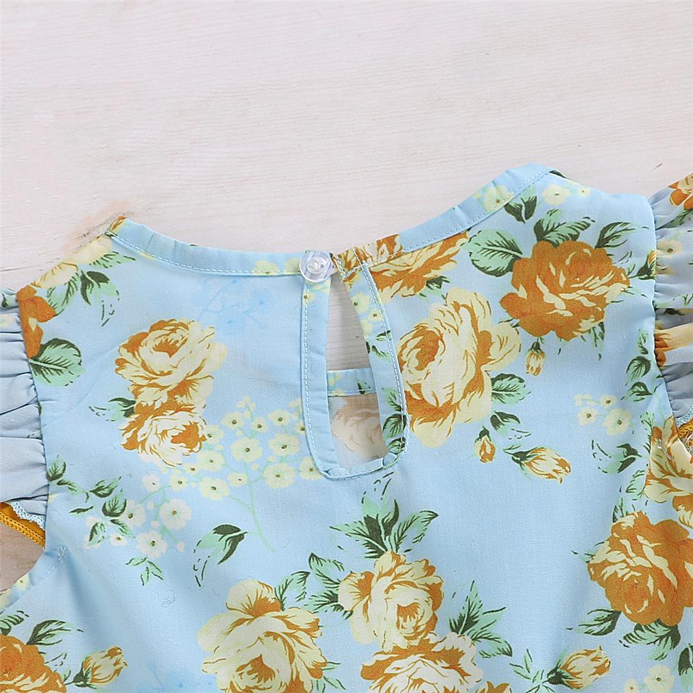 Girls Flying Sleeve Floral Printed Top & Shorts trendy kids wholesale clothing