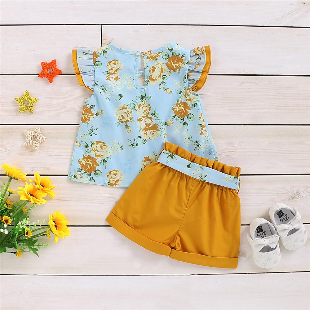 Girls Flying Sleeve Floral Printed Top & Shorts trendy kids wholesale clothing