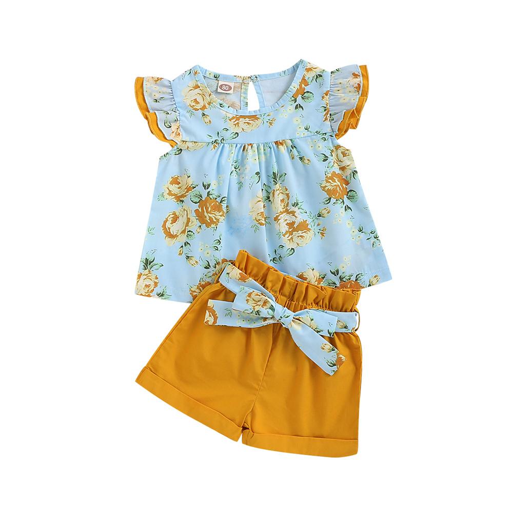 Girls Flying Sleeve Floral Printed Top & Shorts trendy kids wholesale clothing