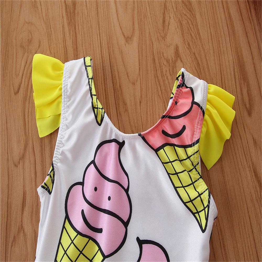 Girls Flying Sleeve Ice Cream Printed Beachwear Toddler One Piece Swimsuit