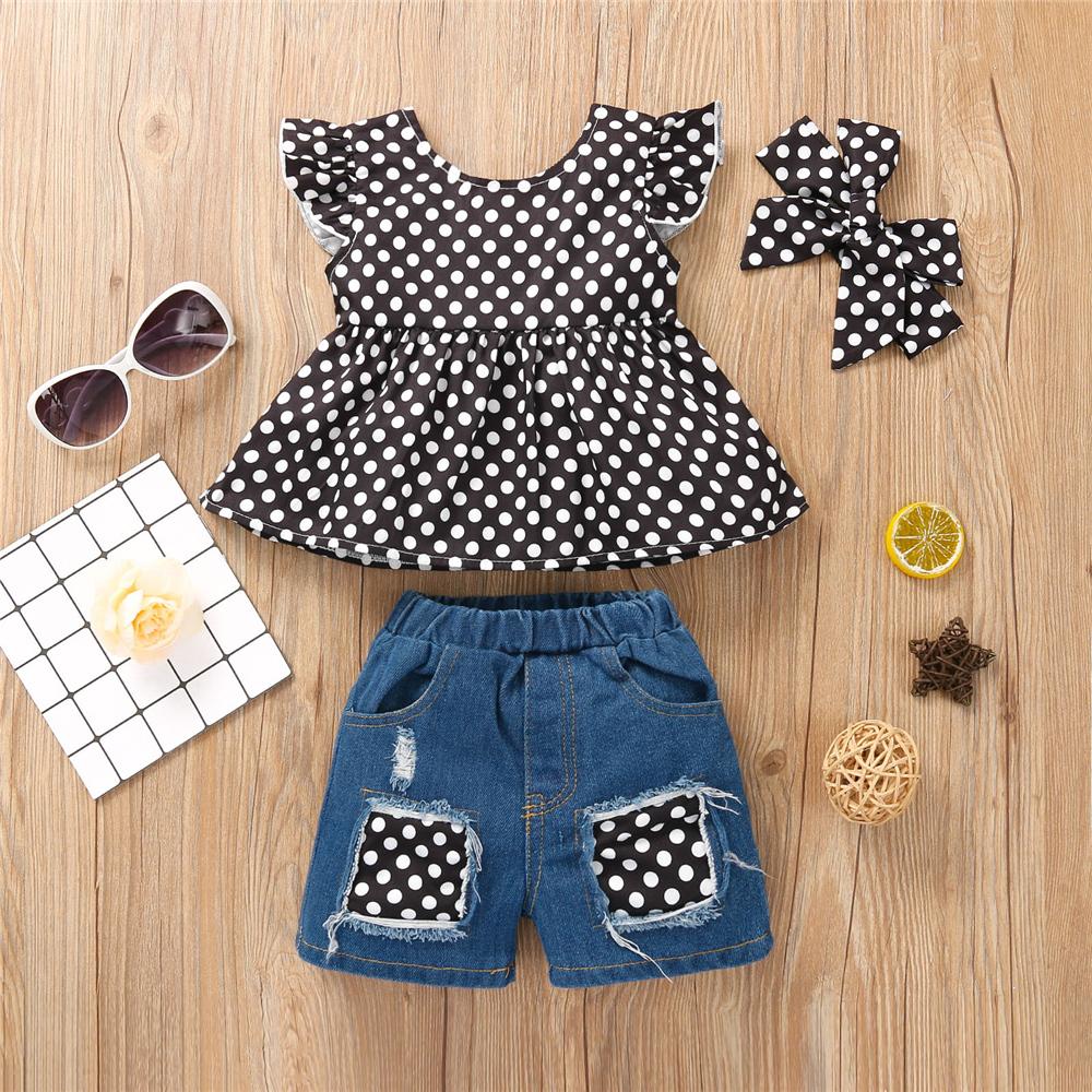 Girls Flying Sleeve Plaid Polka Dot Floral Printed Top & Denim Shorts trendy kids wholesale clothing