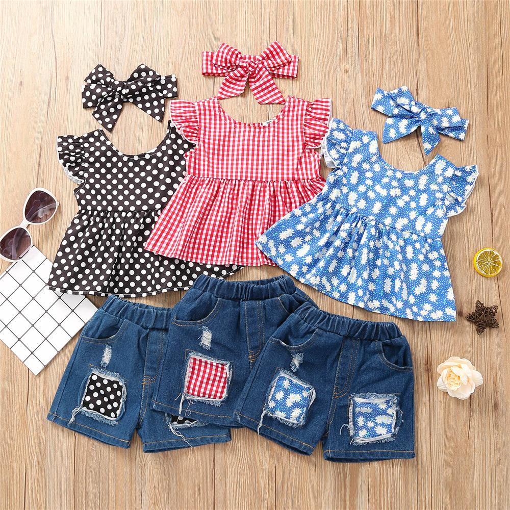 Girls Flying Sleeve Plaid Polka Dot Floral Printed Top & Denim Shorts trendy kids wholesale clothing