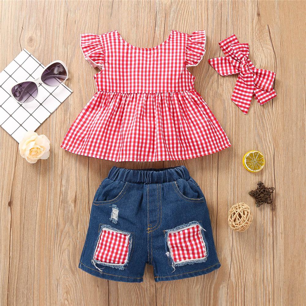 Girls Flying Sleeve Plaid Polka Dot Floral Printed Top & Denim Shorts trendy kids wholesale clothing