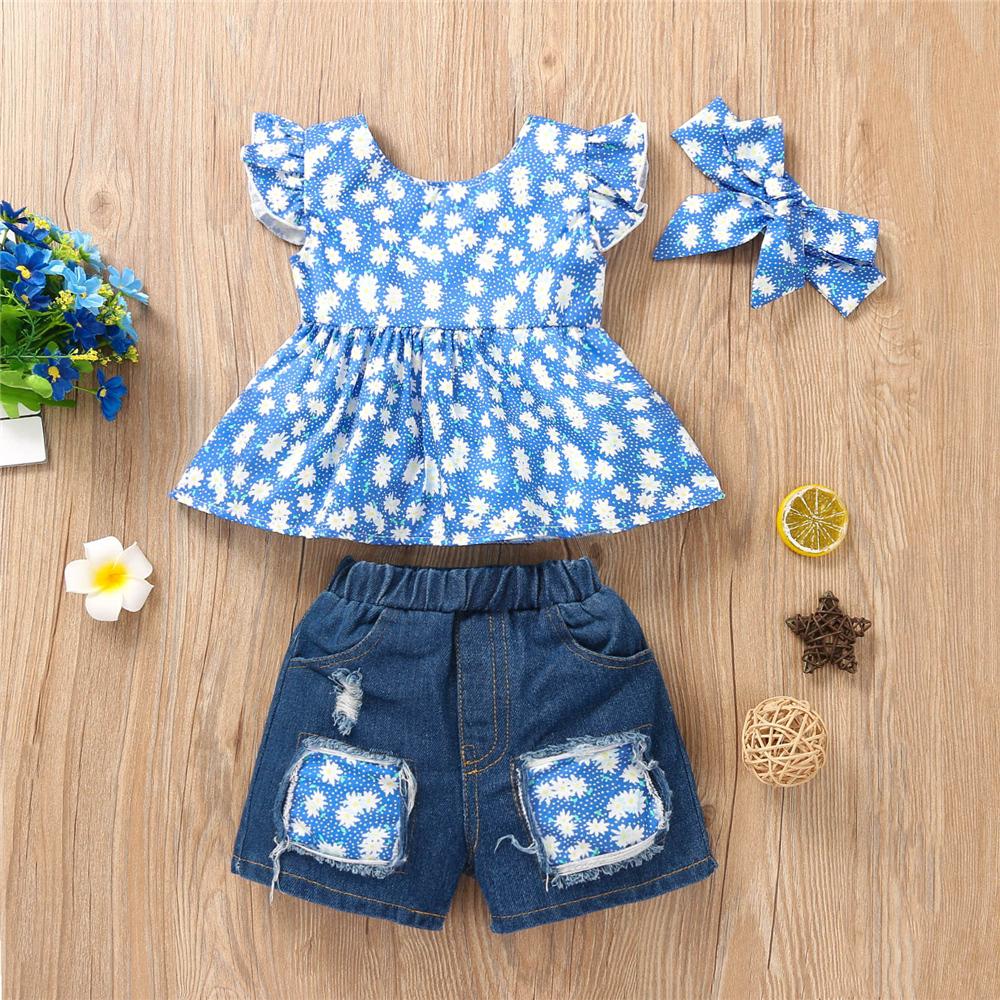 Girls Flying Sleeve Plaid Polka Dot Floral Printed Top & Denim Shorts trendy kids wholesale clothing