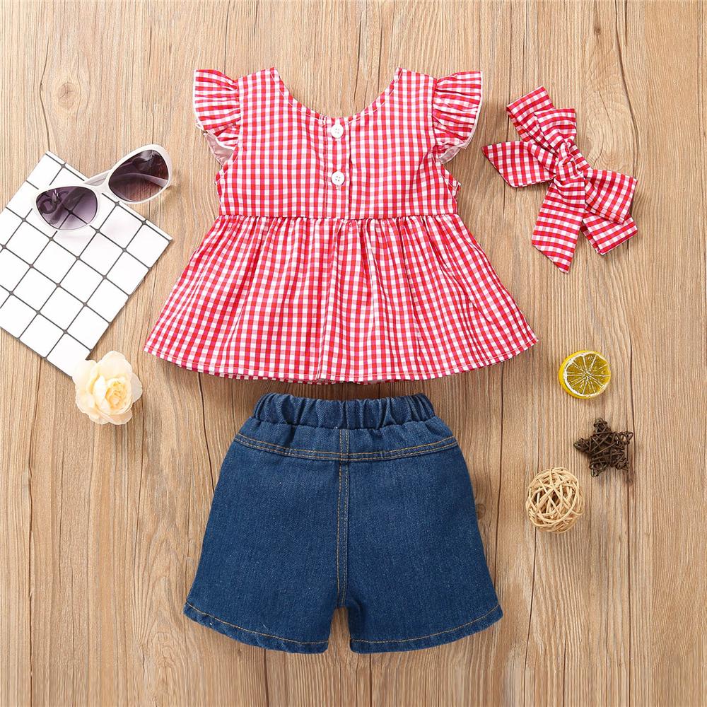 Girls Flying Sleeve Plaid Polka Dot Floral Printed Top & Denim Shorts trendy kids wholesale clothing