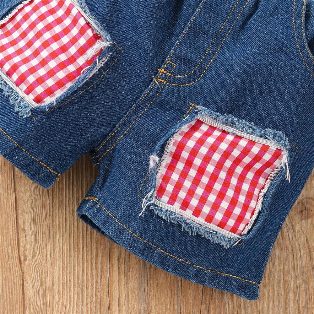 Girls Flying Sleeve Plaid Polka Dot Floral Printed Top & Denim Shorts trendy kids wholesale clothing