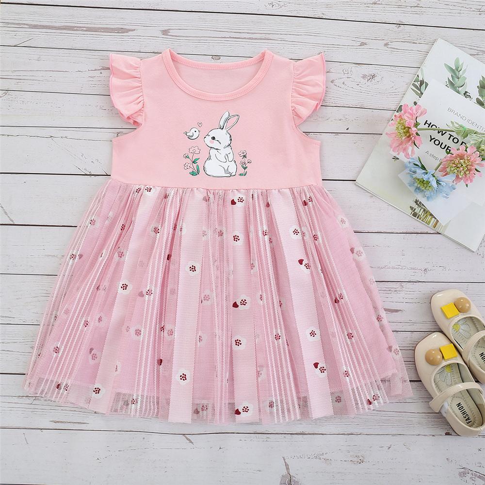 Girls Flying Sleeve Rabbit Printed Mesh Dresses wholesale childrens clothing online