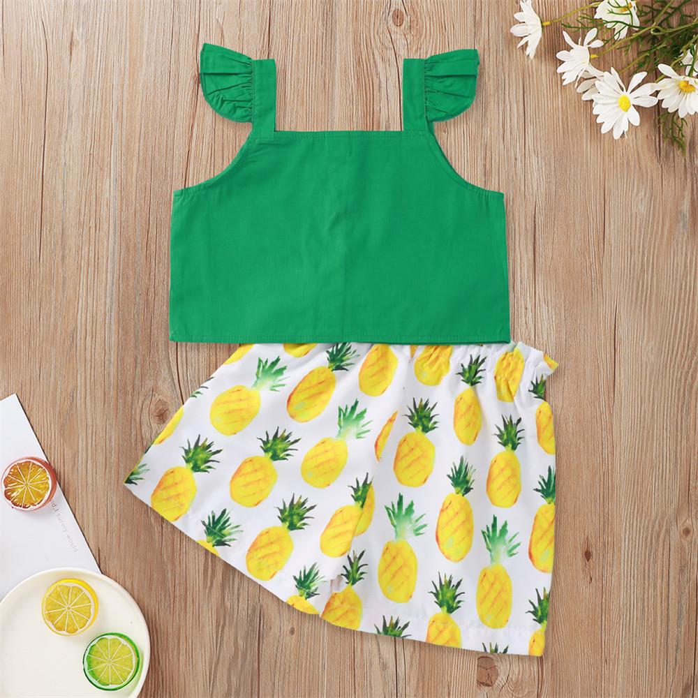 Girls Flying Sleeve Solid Top & Fruit Printed Shorts wholesale girls clothes