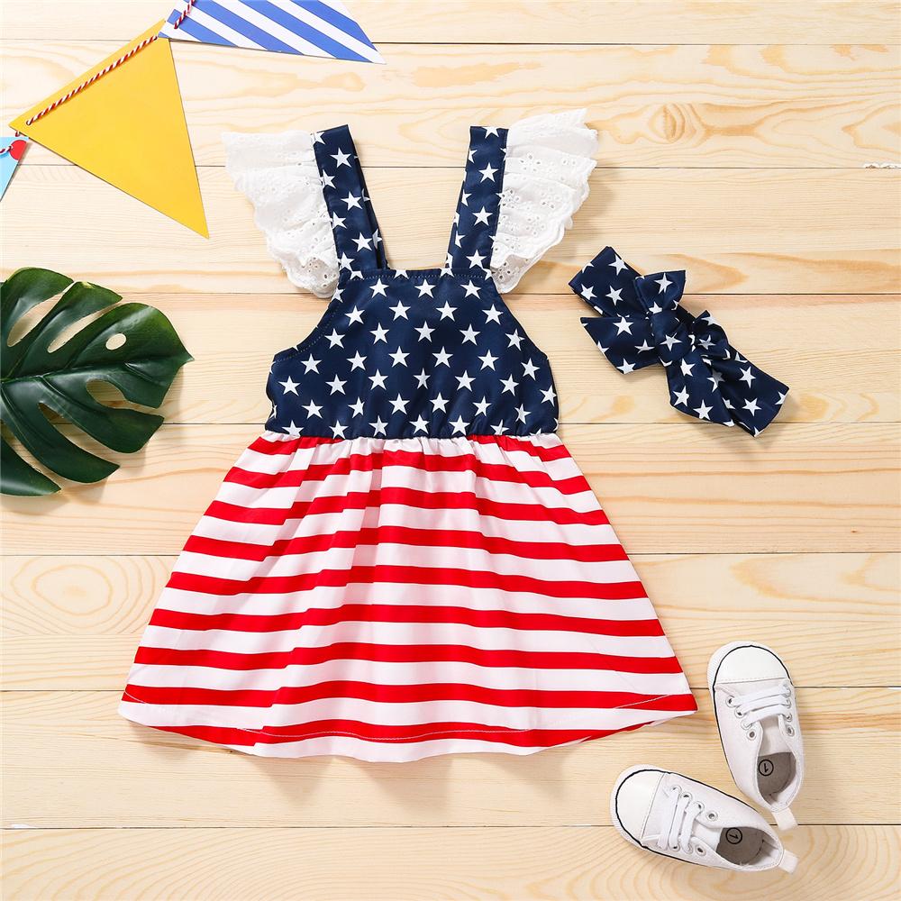 Girls Flying Sleeve Striped Star Dress & Headband children wholesale clothing