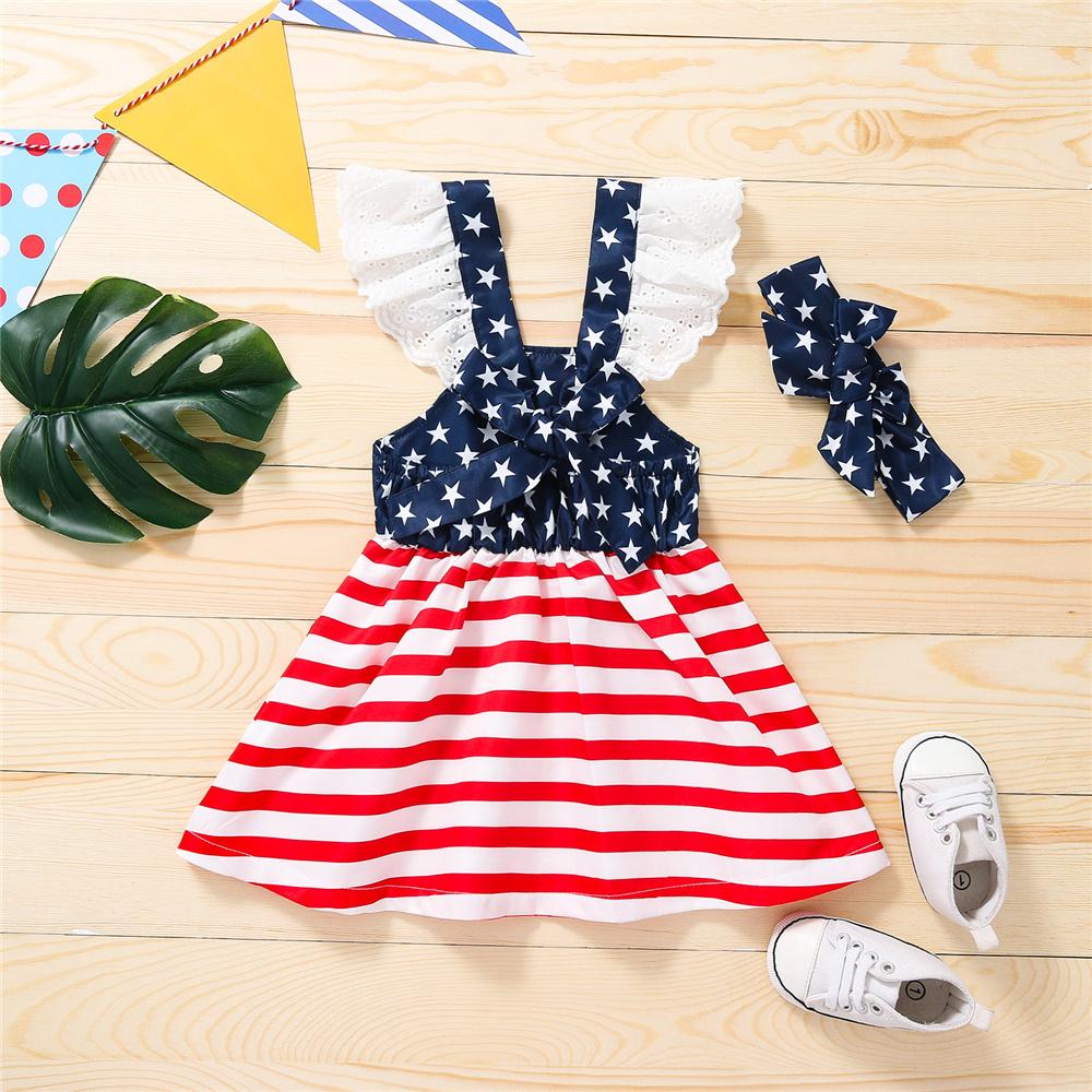 Girls Flying Sleeve Striped Star Dress & Headband children wholesale clothing