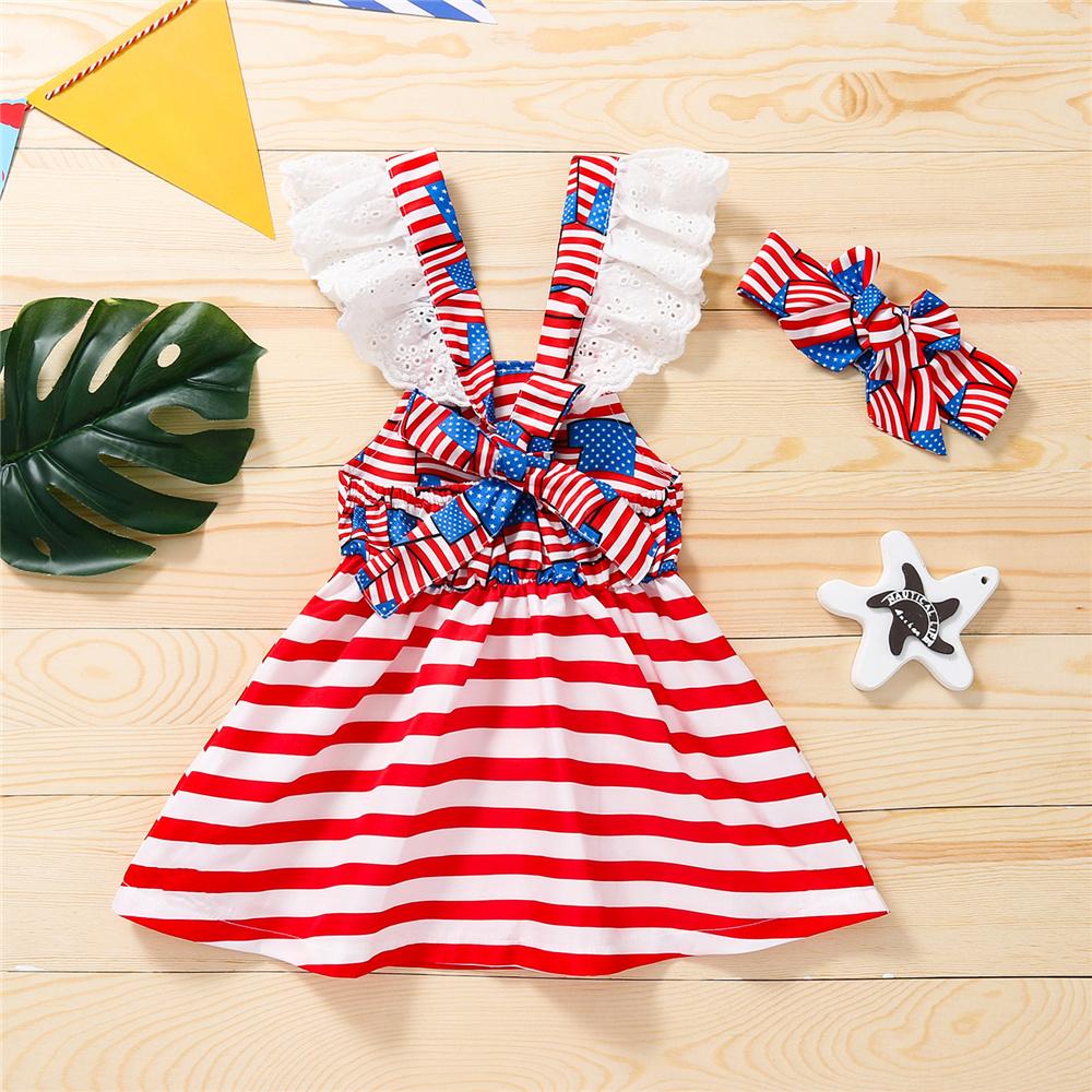 Girls Flying Sleeve Striped Star Dress & Headband children wholesale clothing