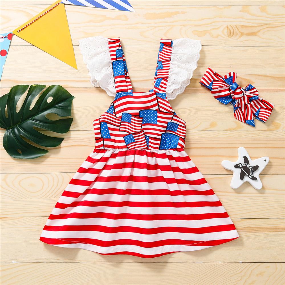 Girls Flying Sleeve Striped Star Dress & Headband children wholesale clothing