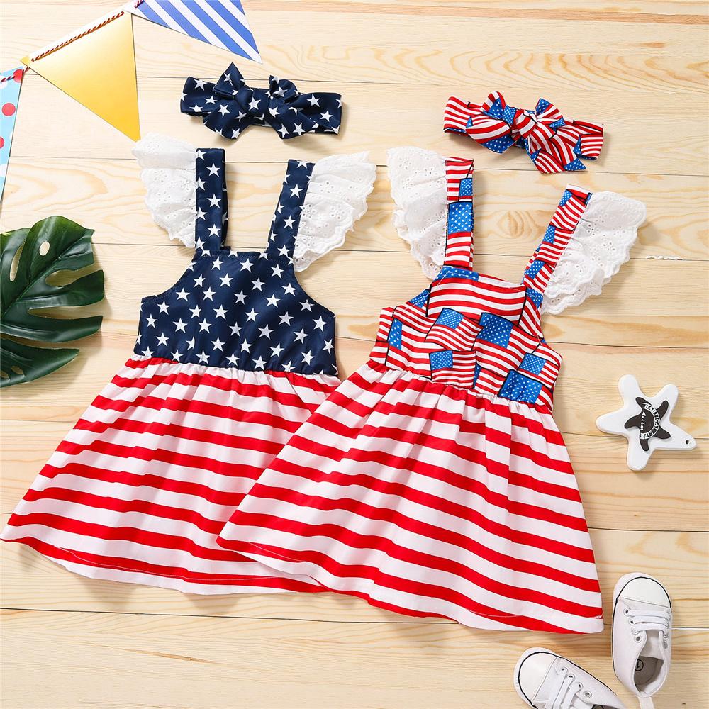 Girls Flying Sleeve Striped Star Dress & Headband children wholesale clothing