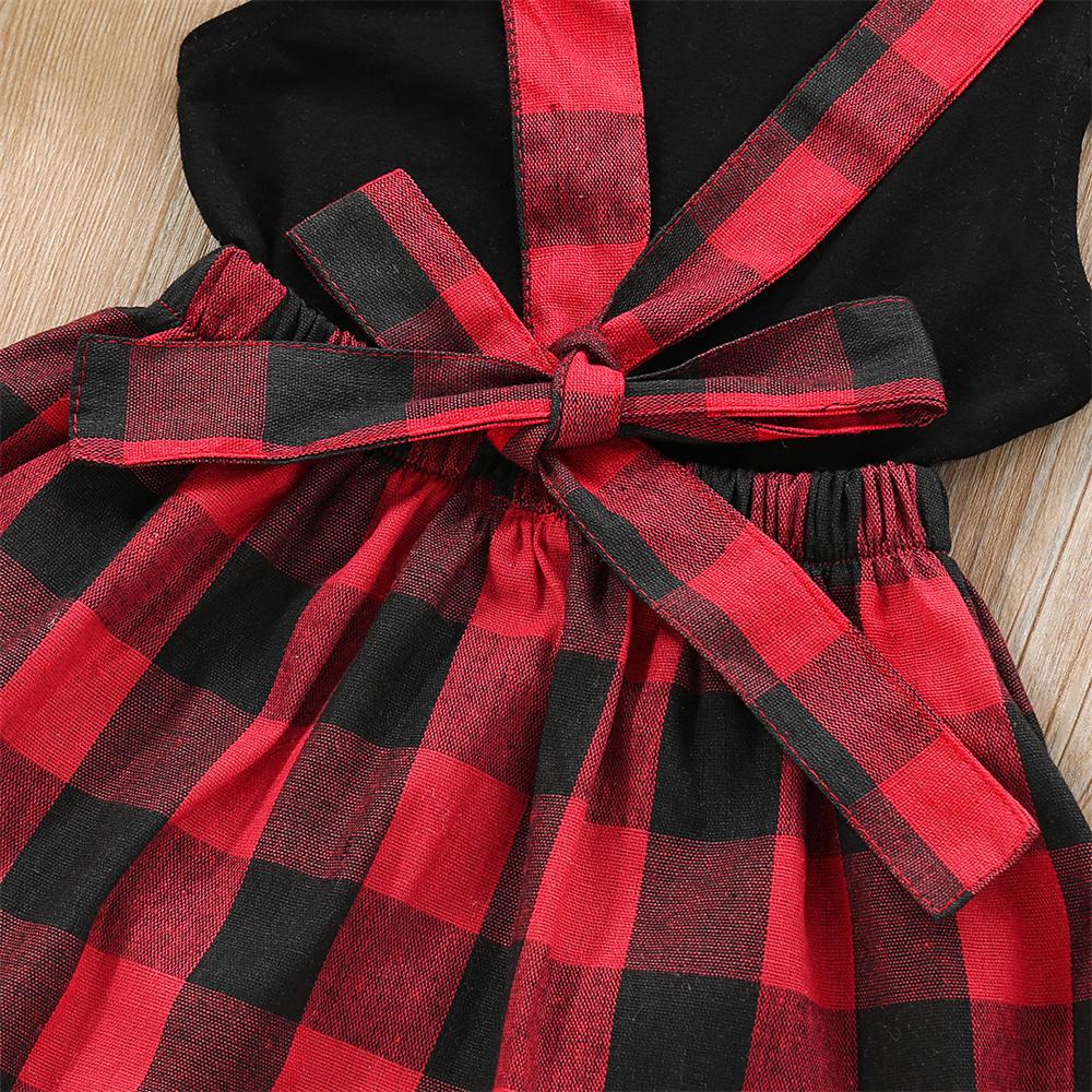 Girls Flying Sleeve Top & Plaid Suspender Skirt trendy kids wholesale clothing