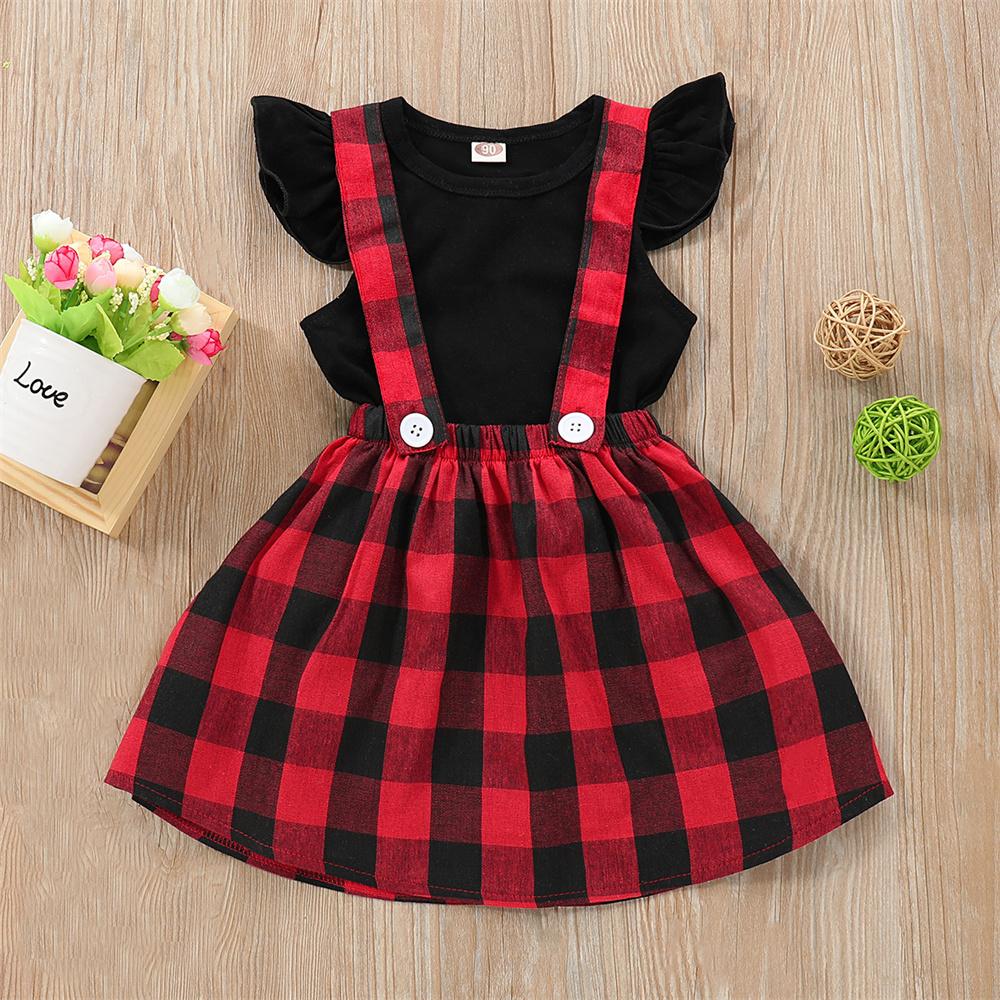 Girls Flying Sleeve Top & Plaid Suspender Skirt trendy kids wholesale clothing